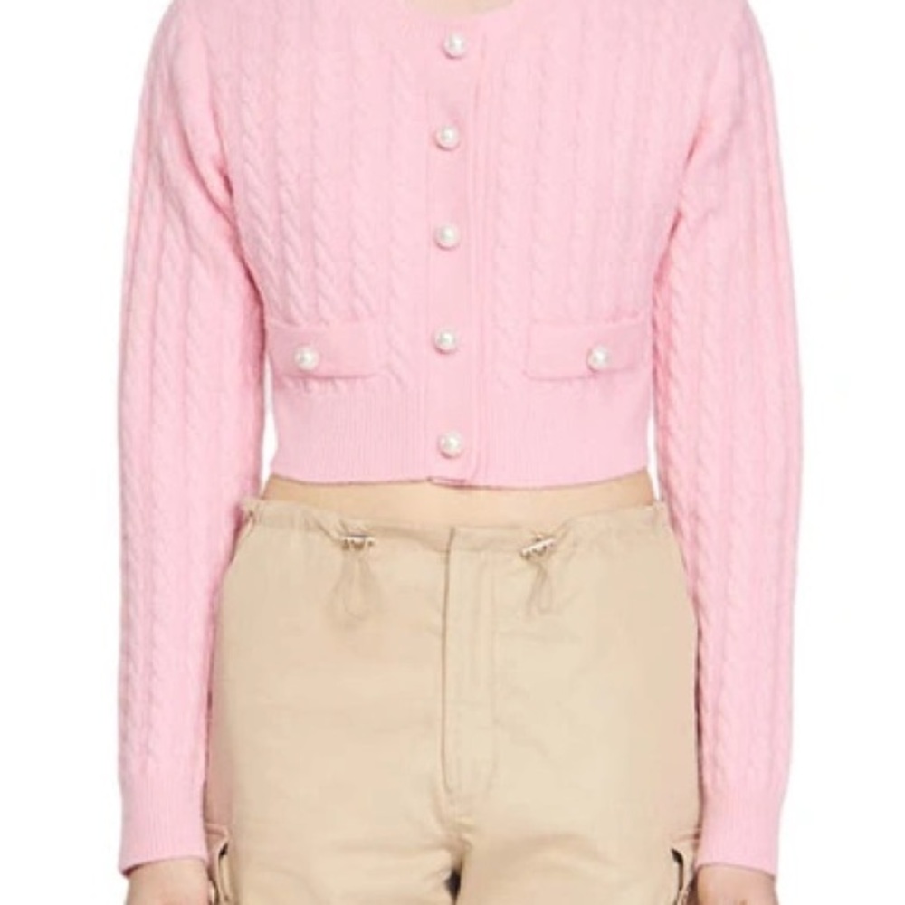 Sandro Pink Cardigan with Pearl Accents
